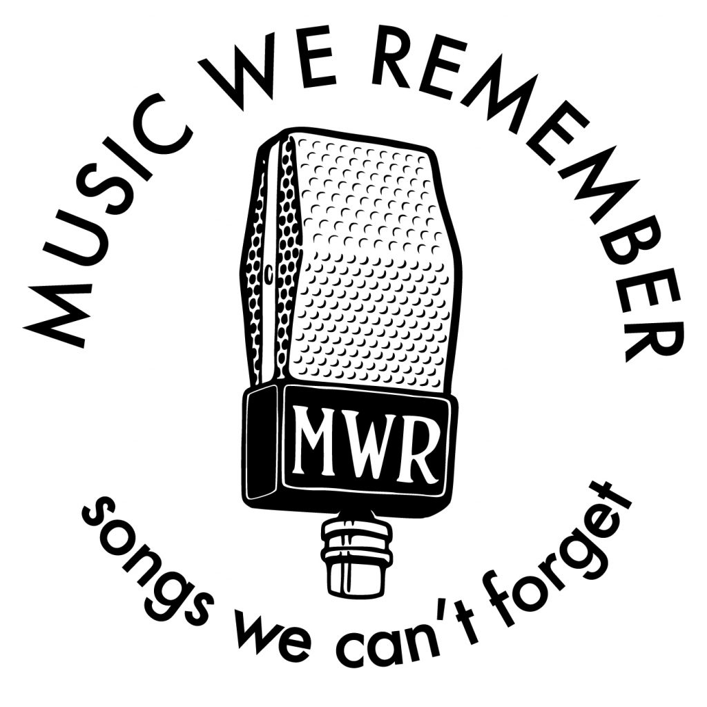 MUSIC WE REMEMBER songs we can't forget logo, words encircle vintage RCA broadcast microphone, Junior Velocity ribbon mic
